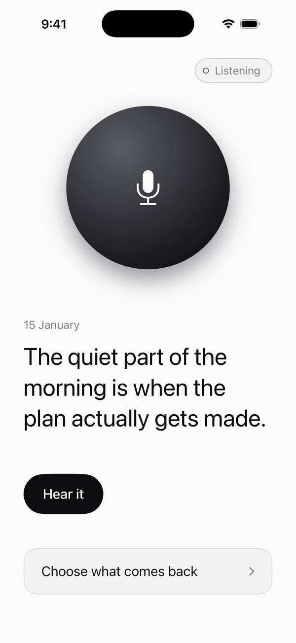 The app: a dark sphere to talk into, a kept passage dated 15 January, and a Hear it button.
